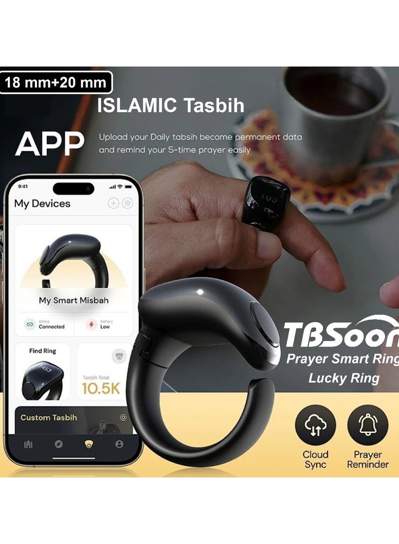 خاتم ذكي للصلاة، خاتم محظوظ، خاتم خرز التسبيح الذكي، خاتم ساعة، مع عدادات للصلاة، 5 تذكير بأوقات الصلاة، دليل مؤشر اتجاه الصلاة، بطارية كبيرة، شاشة OLED، ساعة منبه أذان، موضة، رائع، خاتم ذكر TBSoon - Image 1