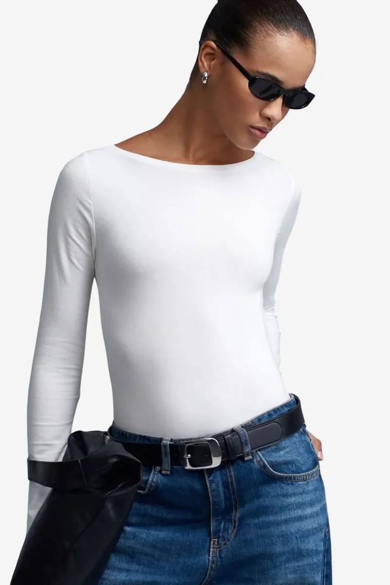 Dilvin White DILVIN Slim Fit Boat Neck Bodysuit for Women | Best Price UAE