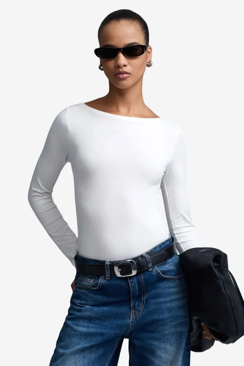 Dilvin White DILVIN Slim Fit Boat Neck Bodysuit for Women | Best Price UAE