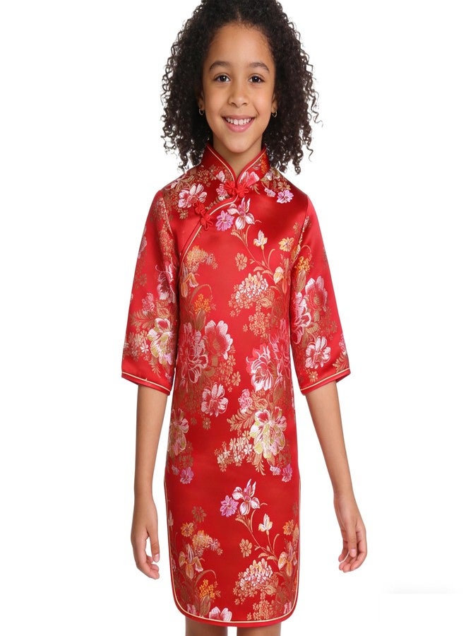 SZCQ Chinese Girls Dress Peony Rose Qipao Half Sleeve Cheongsam Wedding Dresses Princess Birthday Party Costume (Red,8) - Image 1