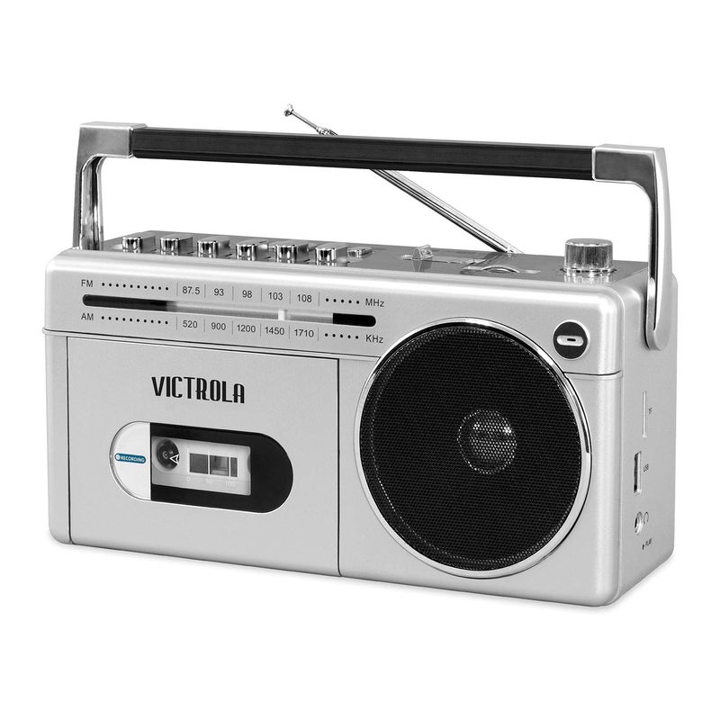 Victrola VBB-25-SLV Mini Bluetooth Boombox with Cassette Player, Recorder and Am/FM Radio, Silver - Image 1