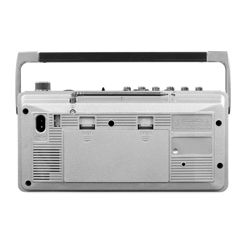 Victrola VBB-25-SLV Mini Bluetooth Boombox with Cassette Player, Recorder and Am/FM Radio, Silver - Image 4