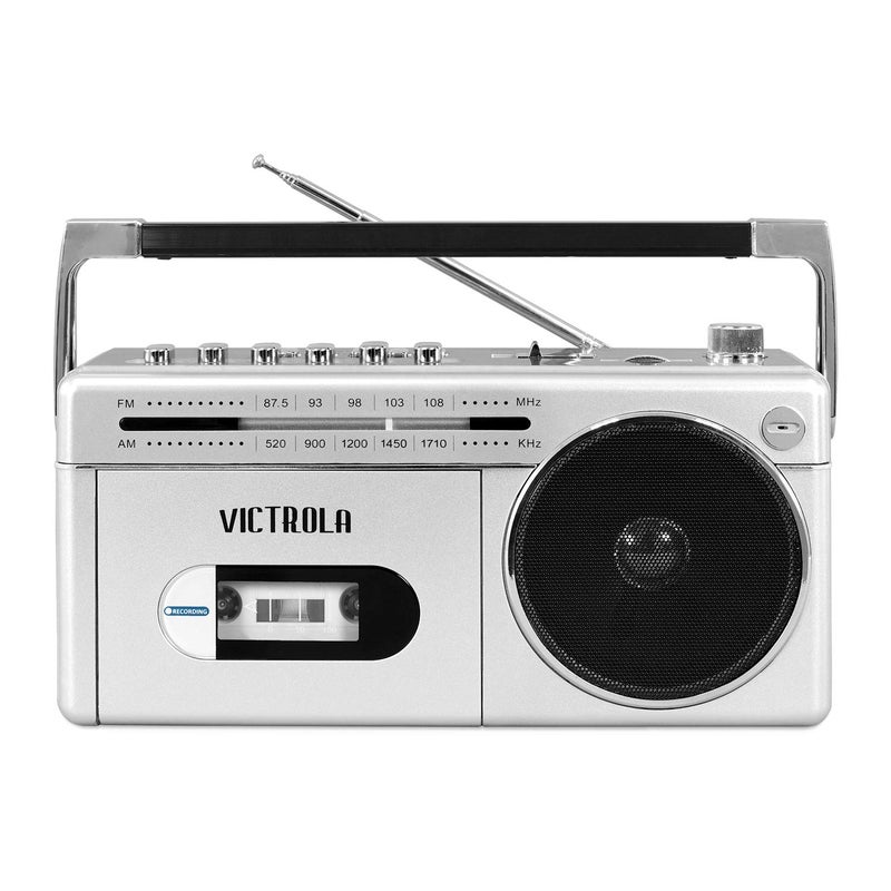 Victrola VBB-25-SLV Mini Bluetooth Boombox with Cassette Player, Recorder and Am/FM Radio, Silver - Image 2