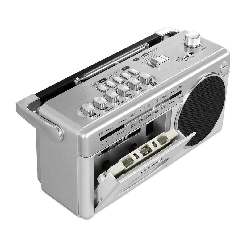 Victrola VBB-25-SLV Mini Bluetooth Boombox with Cassette Player, Recorder and Am/FM Radio, Silver - Image 3