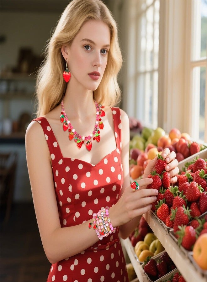 NLCAC Strawberry Jewelry Set for Women-Beaded Strawberry Bracelets Necklace Earrings Ring Set Halloween Birthday Party Favors Costume Accessories - Image 2