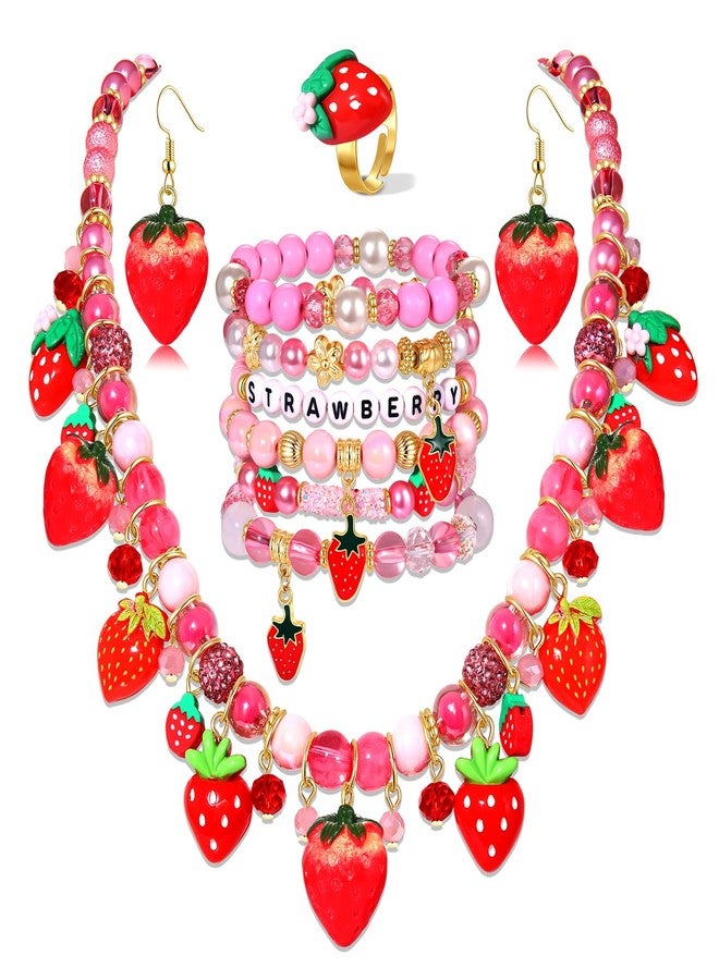 NLCAC Strawberry Jewelry Set for Women-Beaded Strawberry Bracelets Necklace Earrings Ring Set Halloween Birthday Party Favors Costume Accessories - Image 1