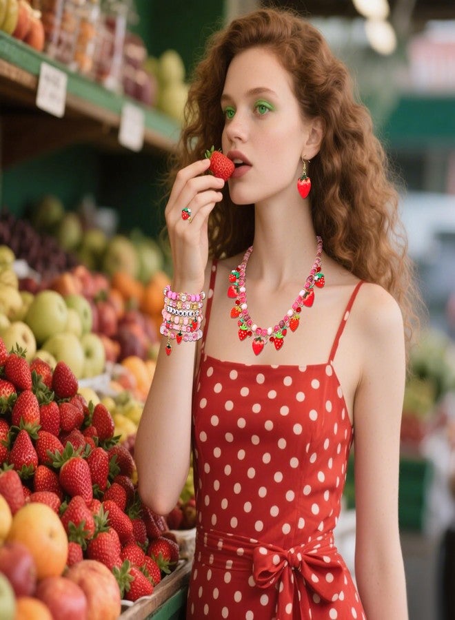 NLCAC Strawberry Jewelry Set for Women-Beaded Strawberry Bracelets Necklace Earrings Ring Set Halloween Birthday Party Favors Costume Accessories - Image 3