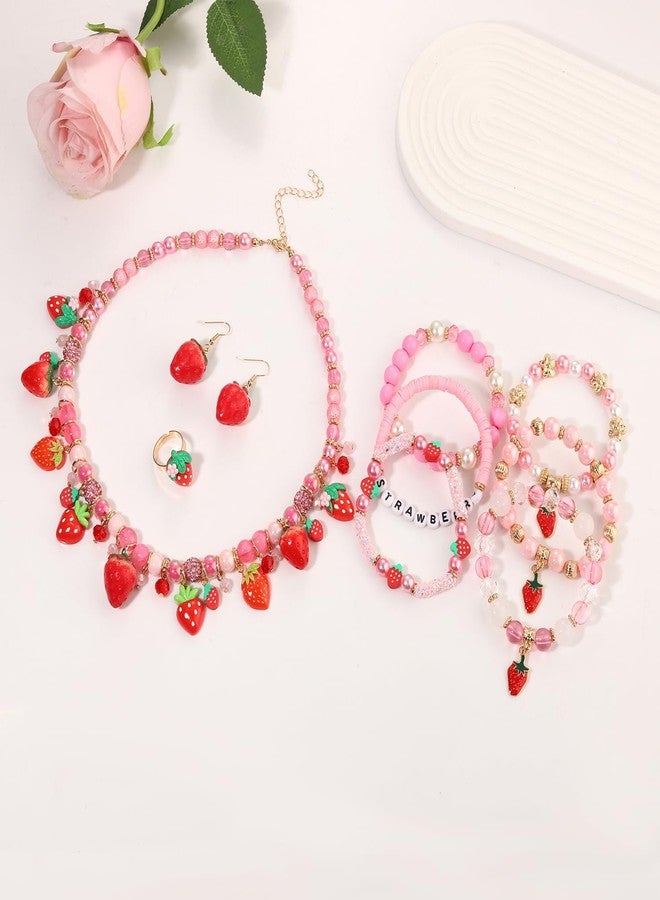 NLCAC Strawberry Jewelry Set for Women-Beaded Strawberry Bracelets Necklace Earrings Ring Set Halloween Birthday Party Favors Costume Accessories - Image 5