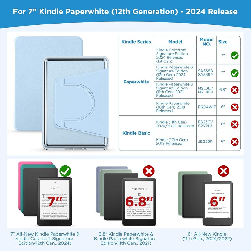 Vane Oak Magnetic Detachable 2-in-1 Stand Case for 7'' Kindle Paperwhite 12th Gen 2024 and Kindle Colorsoft Signature Edition, Slim PU Shell Cover Case with Auto Wake/Sleep, Light Blue - Image 2