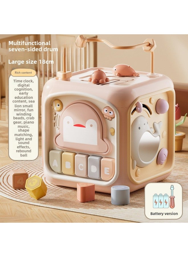 Children's Toys Six-sided Puzzle Box Around Beads Baby Music Hand-clapped Drum Children's Early Education Puzzle Polyhedron Learning-Color:Battery Edition-Powder - Image 1