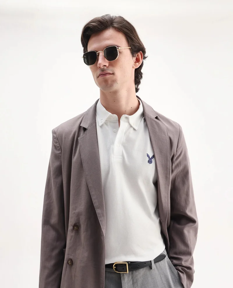 رير رابِت Rare Rabbit  Men's Face White Cotton Fabric Short Sleeves Button Down Collar Embroidered Logo Regular Fit Plain Polo T-Shirt