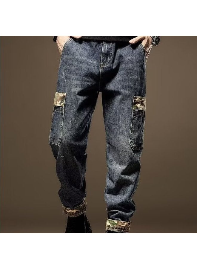 Blue Men's Autumn Alphabet Jeans, Hip-hop Trendy High Street Personalized Trousers - Image 1