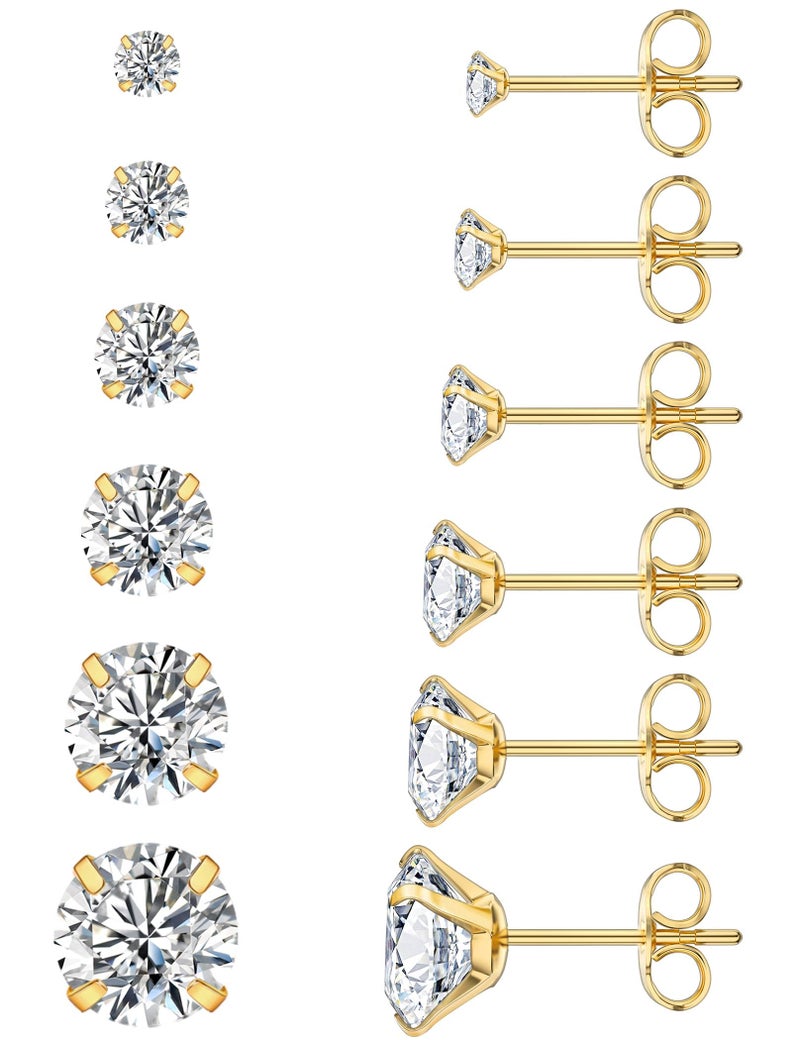 WSSXC 6 Pairs Stud Earrings Hypoallergenic Cubic Zirconia 316L Earrings Stainless Steel CZ Earrings Set 3-8mm (Gold) - Image 1