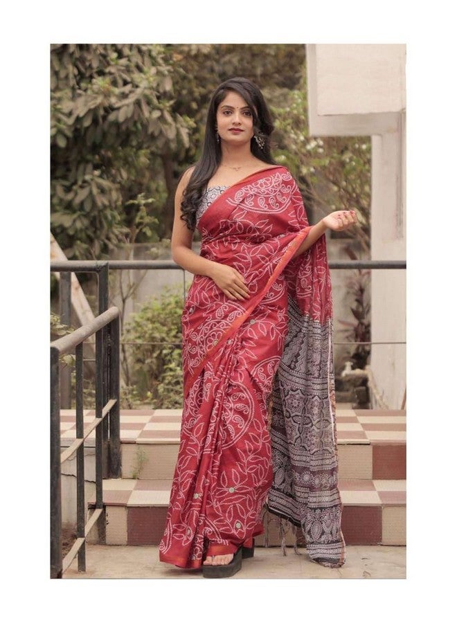 Girls Shreeji Enterprise Handicrafts Hand Block Bandhani Print Soft Cotton Saree Multi Colour Zari Border With Regular Fit Blouse Piece (Red)  - Image 2
