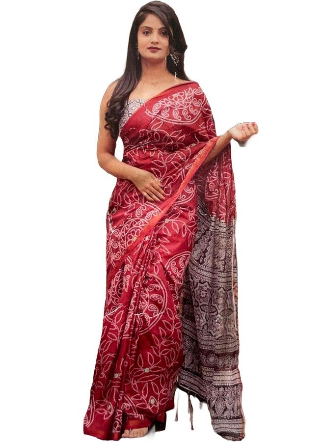 Girls Shreeji Enterprise Handicrafts Hand Block Bandhani Print Soft Cotton Saree Multi Colour Zari Border With Regular Fit Blouse Piece (Red)  - Image 1