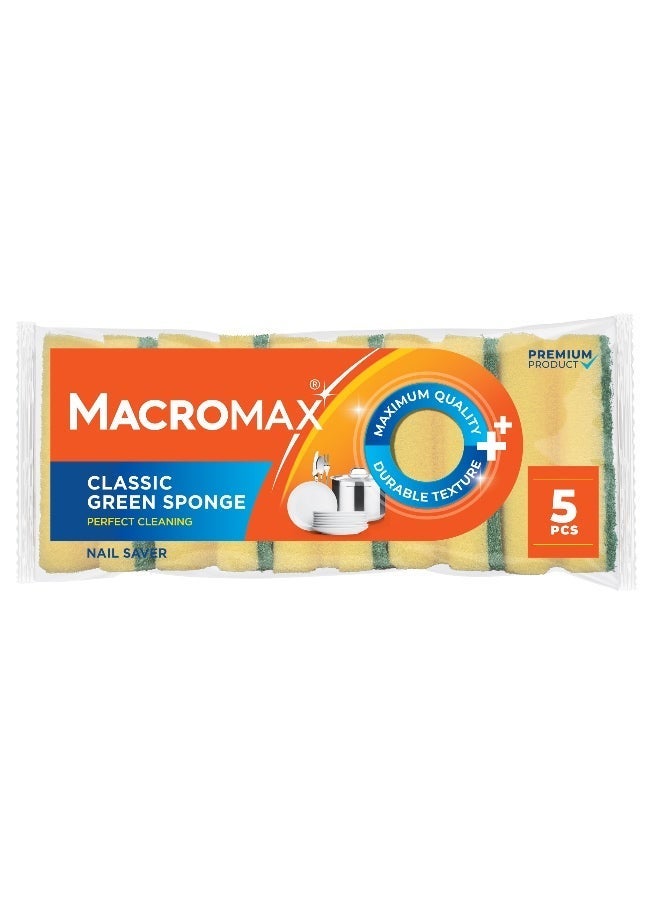 Macromax Classic Green Nail Saver Sponge – 5 Pieces Set | Dual Layer Dishwashing Sponge with Hand Protection - Image 1