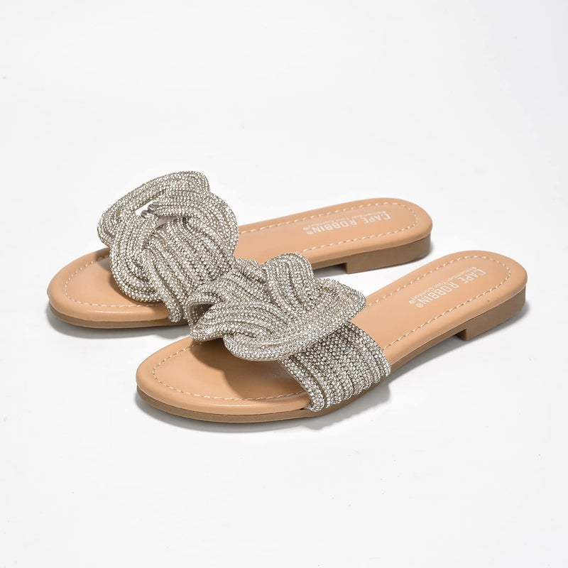 Cape Robbin Women's Glitter Flat Slide Sandals | Dressy Open-Toe Summer Sandals with Rhinestone Knot (Jeffer), Nude Size 8 - Image 5