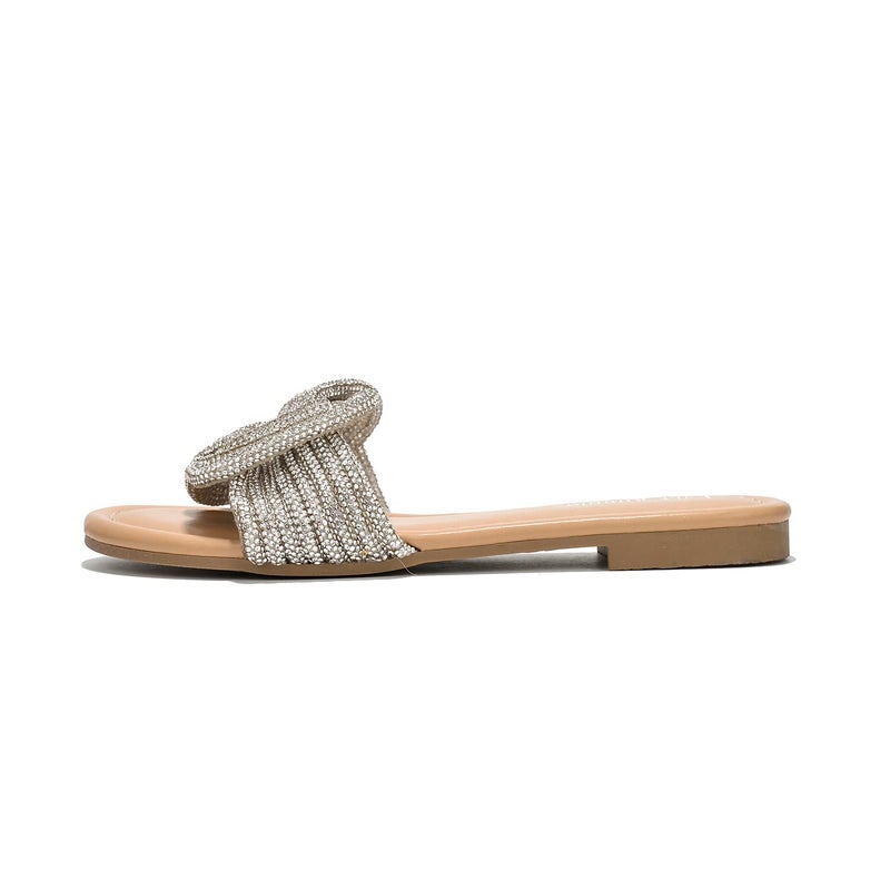 Cape Robbin Women's Glitter Flat Slide Sandals | Dressy Open-Toe Summer Sandals with Rhinestone Knot (Jeffer), Nude Size 8 - Image 4