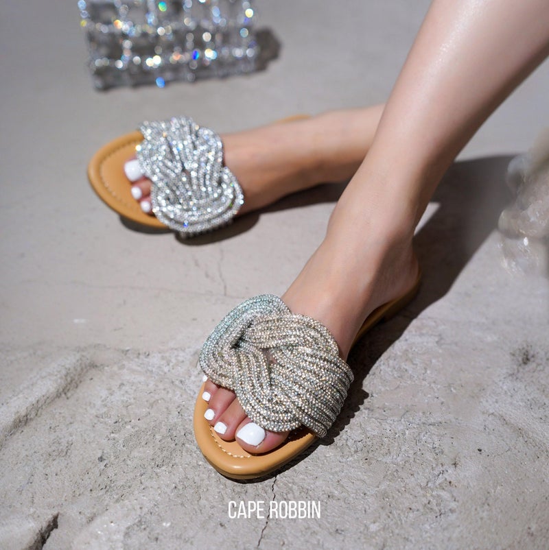 Cape Robbin Women's Glitter Flat Slide Sandals | Dressy Open-Toe Summer Sandals with Rhinestone Knot (Jeffer), Nude Size 8 - Image 3