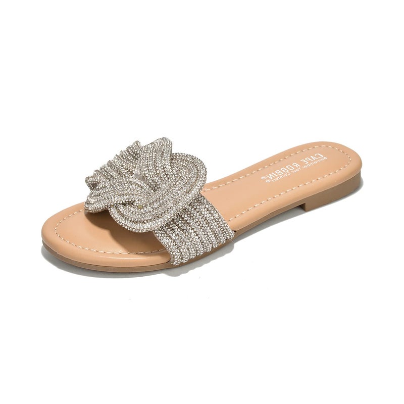 Cape Robbin Women's Glitter Flat Slide Sandals | Dressy Open-Toe Summer Sandals with Rhinestone Knot (Jeffer), Nude Size 8 - Image 1