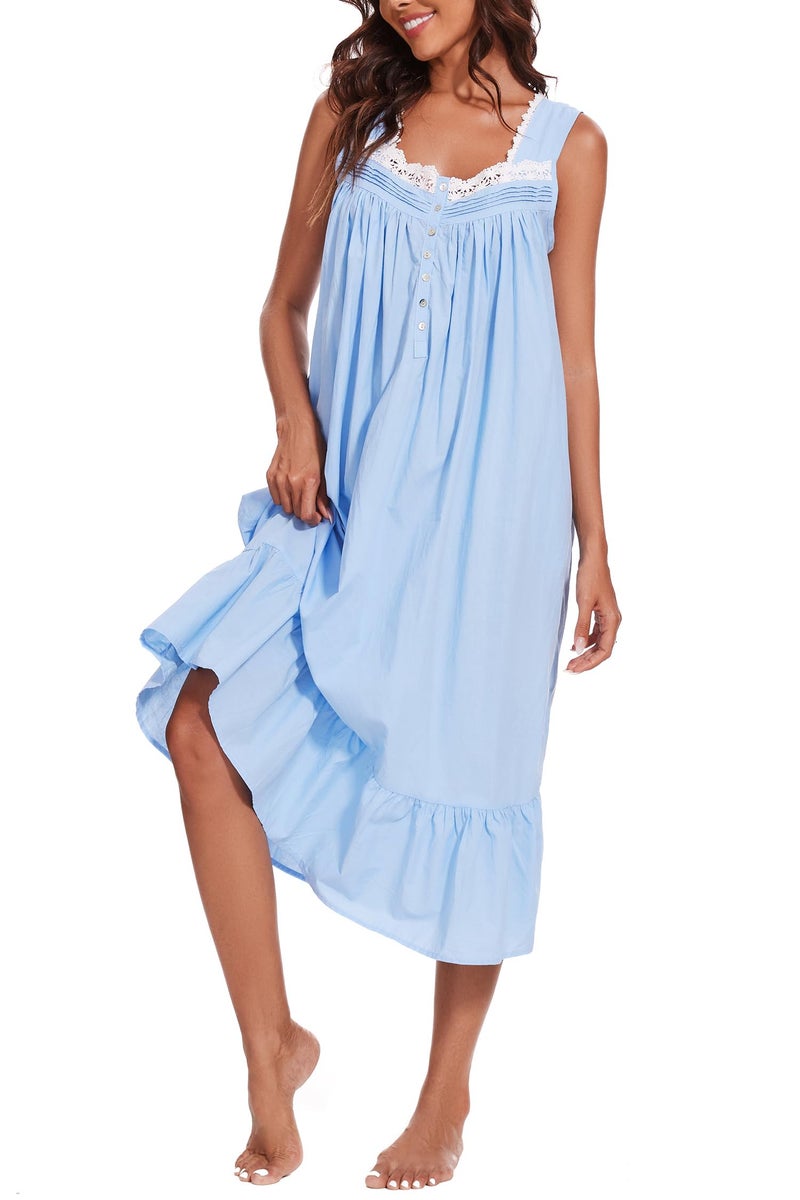 AVIIER 100% Cotton Nightgowns for Women Sleeveless Sleep Dress Ladies Gowns Sleepwear with Pockets (Blue, Large) - Image 1