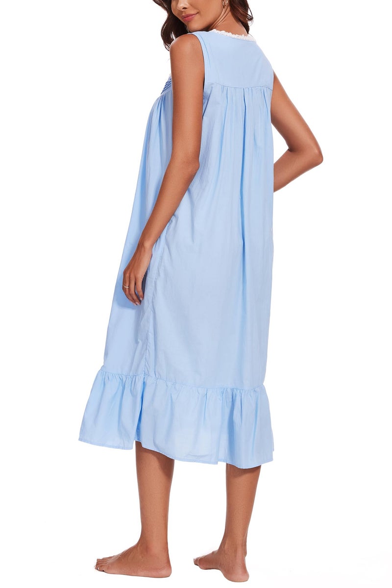 AVIIER 100% Cotton Nightgowns for Women Sleeveless Sleep Dress Ladies Gowns Sleepwear with Pockets (Blue, Large) - Image 5