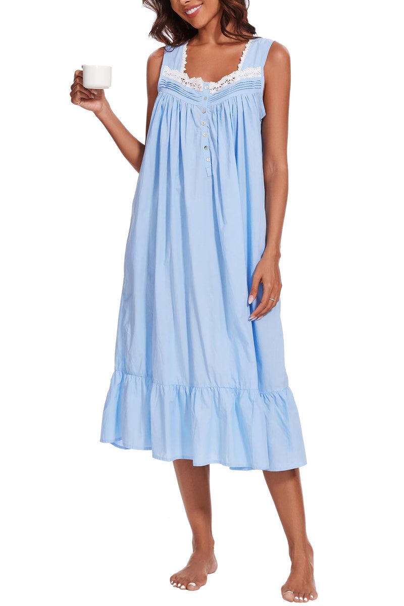 AVIIER 100% Cotton Nightgowns for Women Sleeveless Sleep Dress Ladies Gowns Sleepwear with Pockets (Blue, Large) - Image 4