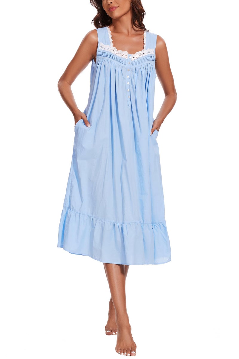 AVIIER 100% Cotton Nightgowns for Women Sleeveless Sleep Dress Ladies Gowns Sleepwear with Pockets (Blue, Large) - Image 2