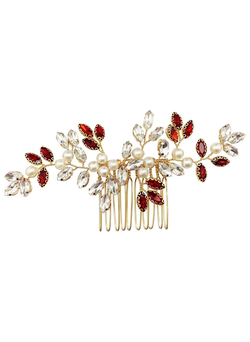BETITETO BETITETO Pearl Crystal Hair Comb Bridal Rhinestone Gold Vine Hair Piece Accessories for Wedding Women Red2 