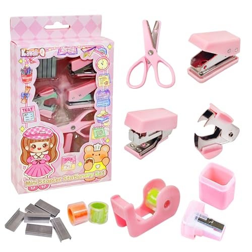 FunBlast Mini Stapler Stationery Set – Compact & Portable Stapler with Staples and Remover and Other Accessories, Cute & Durable Desk Accessory for School, Office, and Home (Pink) - Image 1