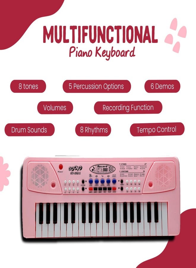 Gooyo GY-439CF 37-Key Musical Piano Keyboard with Microphone | 8 Rhythms, 8 Tones, 6 Demos, Song Record Feature | Dual Power Supply (USB Included) | Pink Color | Gift Box Packaging - Image 2