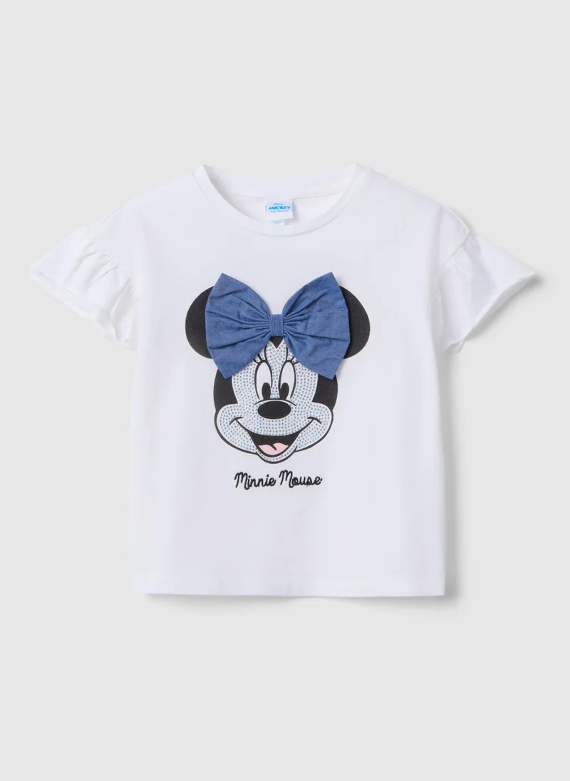 او في اس Ovs White Stretch Cotton T-Shirt With Minnie Print For Girls