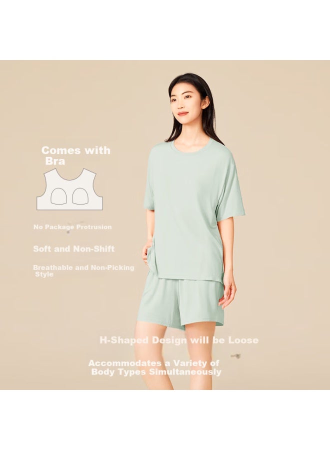 Agentmuse Gift To Girlfriend, Modal Short-sleeve Shorts Pajamas With Chest Pads, Loungewear Set 777t, Tranquil Green, M - Image 2