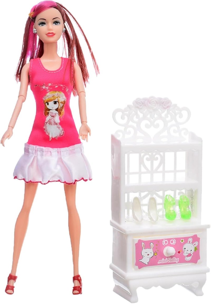 Elegant accessories shop Plastic Bride Doll Cartoon Character Containing Long Hair With Amazing Shoes Closet Design And mirror Makeup Table Add More Funny For Girls Set Of 11 Pieces - Multi Color