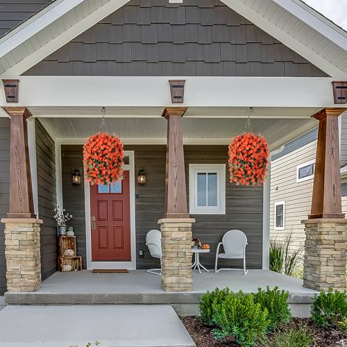 HyeFlora Artificial Fake Fall Hanging Flowers Plants Baskets for Autumn Outdoor Outside, Faux Silk Orange Orchid in Planter UV Resistant for Home Porch Garden Yard Patio Decor - Image 5
