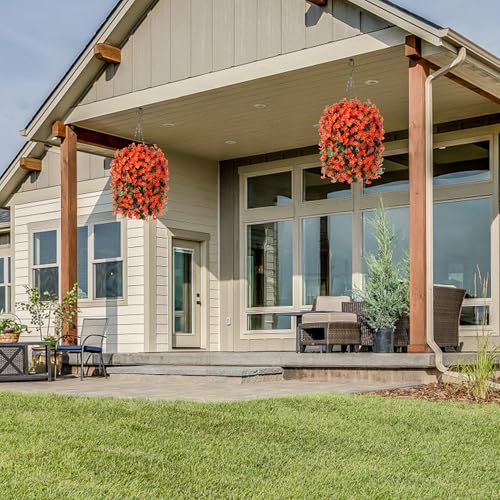 HyeFlora Artificial Fake Fall Hanging Flowers Plants Baskets for Autumn Outdoor Outside, Faux Silk Orange Orchid in Planter UV Resistant for Home Porch Garden Yard Patio Decor - Image 4