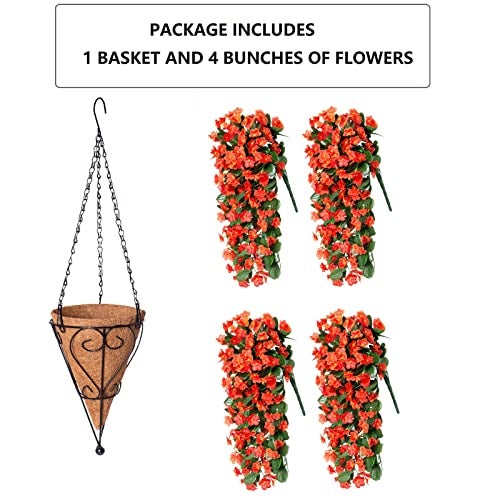 HyeFlora Artificial Fake Fall Hanging Flowers Plants Baskets for Autumn Outdoor Outside, Faux Silk Orange Orchid in Planter UV Resistant for Home Porch Garden Yard Patio Decor - Image 2