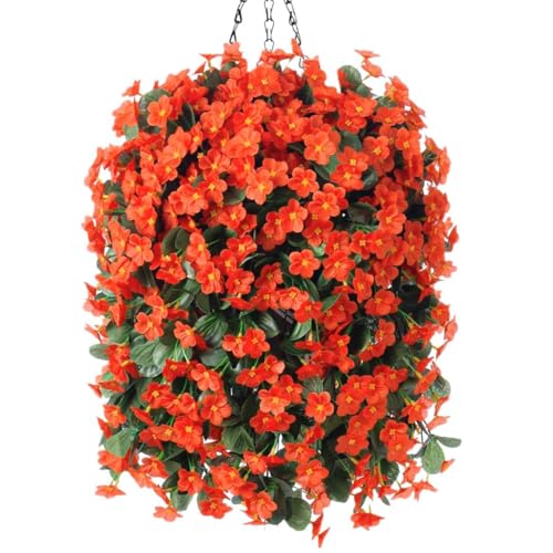 HyeFlora Artificial Fake Fall Hanging Flowers Plants Baskets for Autumn Outdoor Outside, Faux Silk Orange Orchid in Planter UV Resistant for Home Porch Garden Yard Patio Decor - Image 1