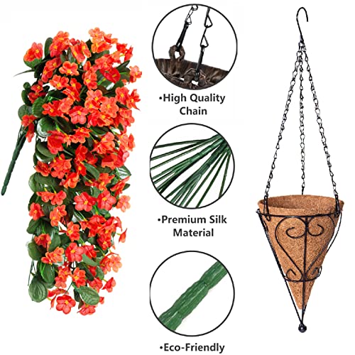 HyeFlora Artificial Fake Fall Hanging Flowers Plants Baskets for Autumn Outdoor Outside, Faux Silk Orange Orchid in Planter UV Resistant for Home Porch Garden Yard Patio Decor - Image 3