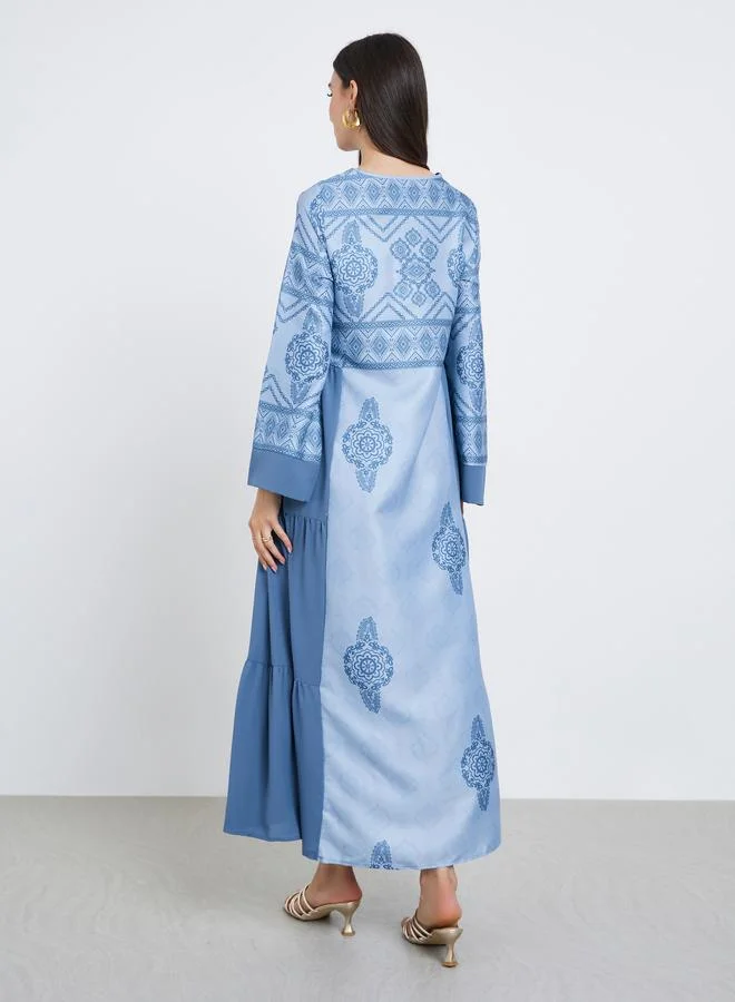 Take Two Blue Graphic Print Tiered Jalabiya