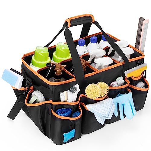 HODRANT Extra-large Wearable Cleaning Caddy, Organizer Bag for Housekeeper with Pad, Handle & Divider, Car Wash Tools Bag for Detailing Supplies, Orange Edge - Image 1