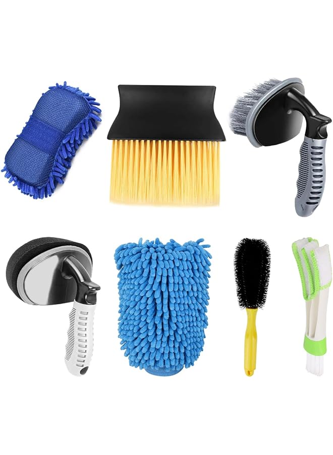 Generic 7-Piece Car Cleaning Kit - Microfiber Glove, Dust Cleaning Brush, Washing Sponge, Double-Sided Ac Vent Brush, Car Sponge Brush, Car Wash Brush, Alloy Brush - Image 1