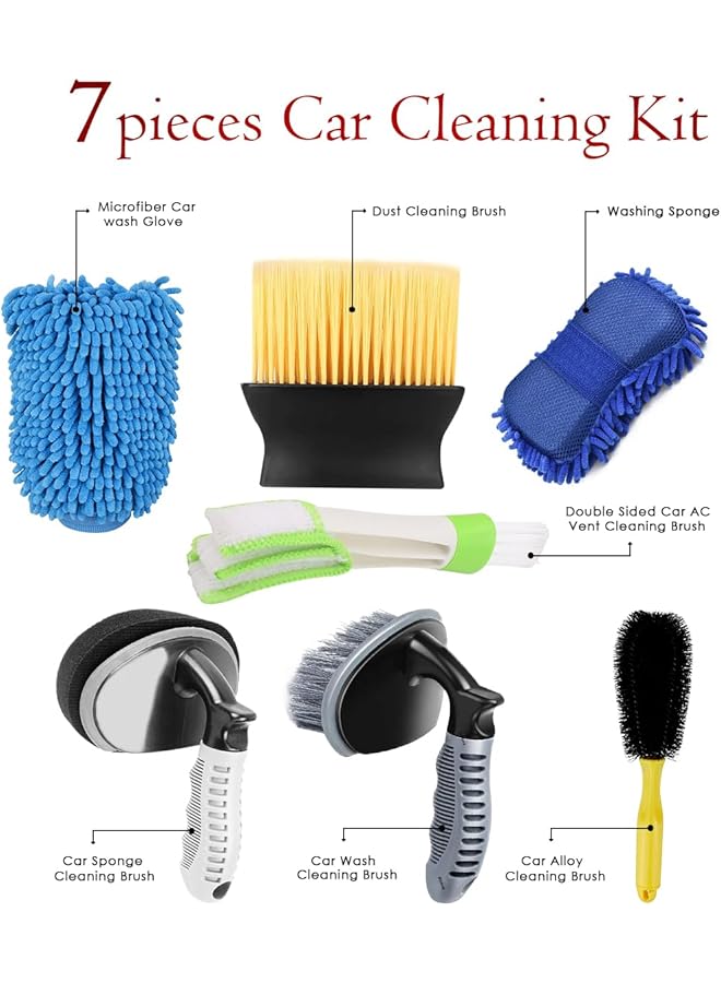 Generic 7-Piece Car Cleaning Kit - Microfiber Glove, Dust Cleaning Brush, Washing Sponge, Double-Sided Ac Vent Brush, Car Sponge Brush, Car Wash Brush, Alloy Brush - Image 2