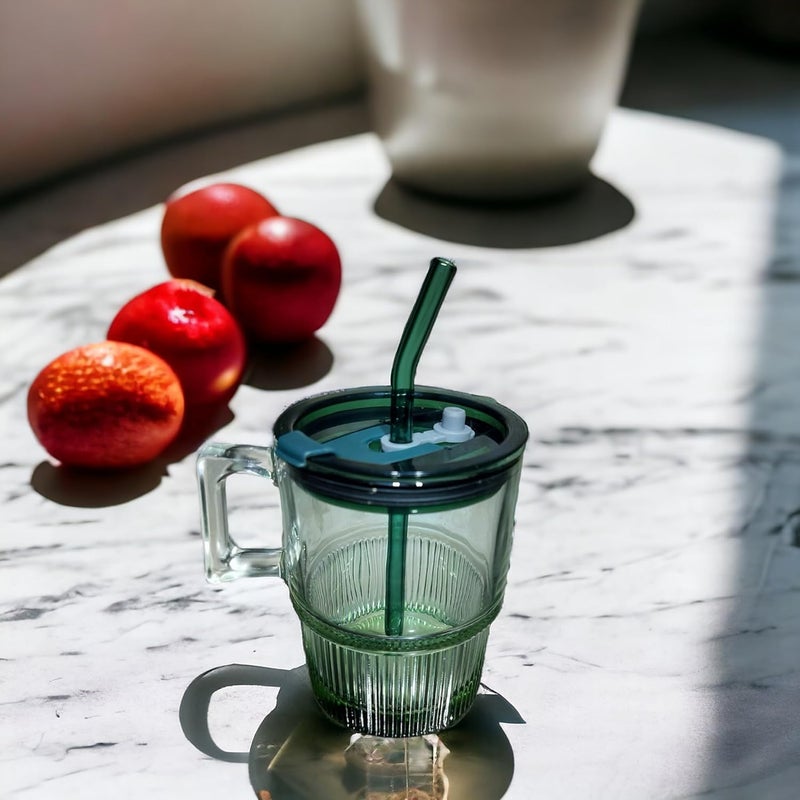 Lemon Tree 385 Ml Glass Tumbler with Handle Straw & Lid, Reusable Leak-Proof & Heat Resistant, Glass Tumbler for Hot and Cold Beverages (Green) - Image 2