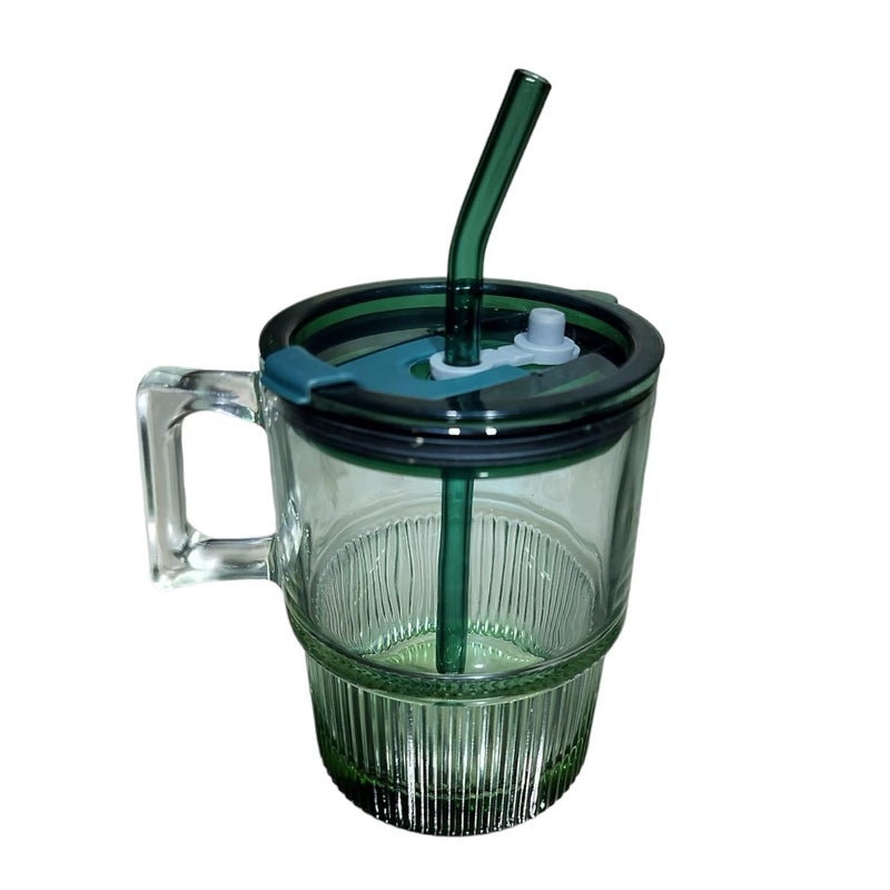 Lemon Tree 385 Ml Glass Tumbler with Handle Straw & Lid, Reusable Leak-Proof & Heat Resistant, Glass Tumbler for Hot and Cold Beverages (Green) - Image 1