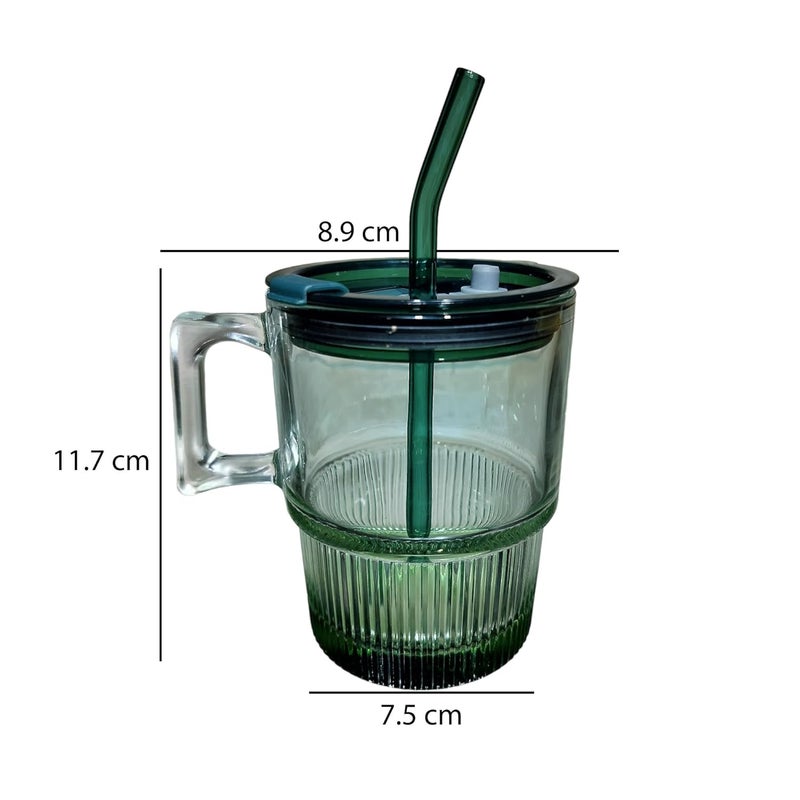 Lemon Tree 385 Ml Glass Tumbler with Handle Straw & Lid, Reusable Leak-Proof & Heat Resistant, Glass Tumbler for Hot and Cold Beverages (Green) - Image 4