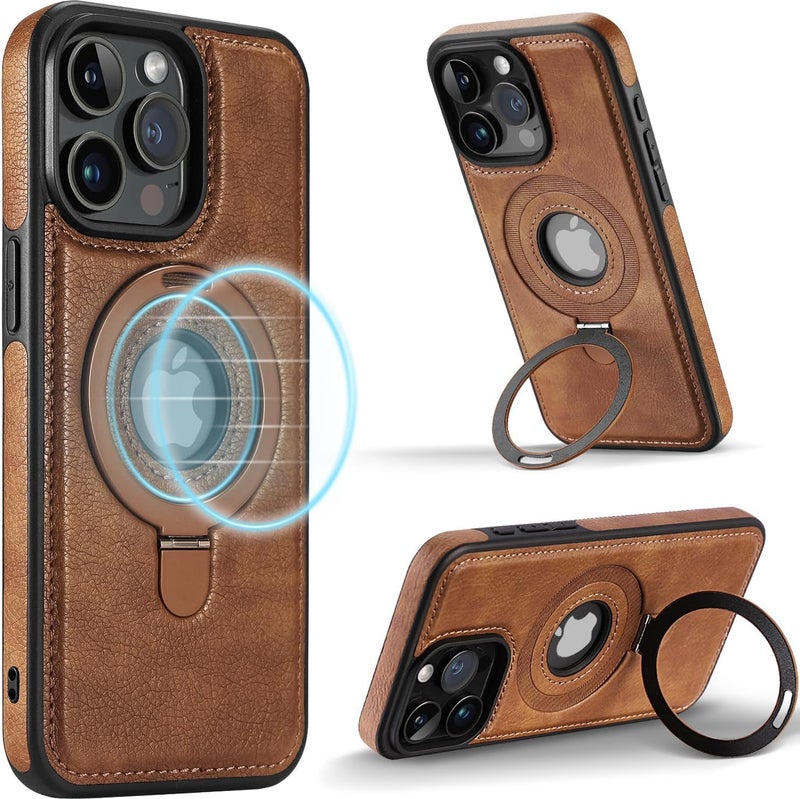 KASTWAVE Magnetic Leather Case For Iphone 15 Pro Max, Military Grade Drop Protection, Slim Back Cover With Adjustable Stand, Compatible With Magsafe, Slim Kickstand Phone Cover, Brown - Image 1