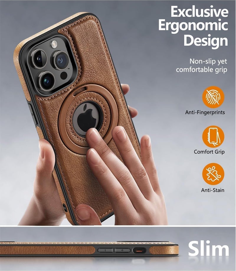 KASTWAVE Magnetic Leather Case For Iphone 15 Pro Max, Military Grade Drop Protection, Slim Back Cover With Adjustable Stand, Compatible With Magsafe, Slim Kickstand Phone Cover, Brown - Image 4