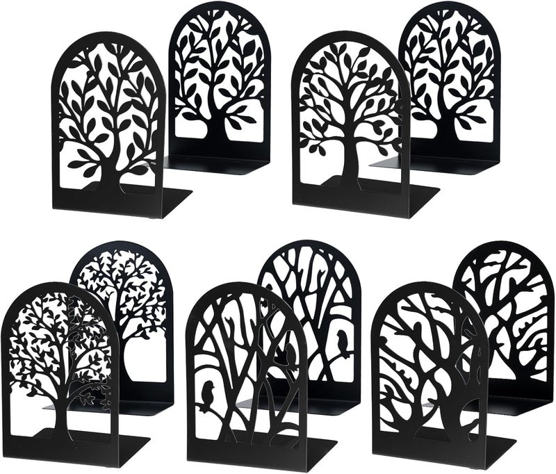 EOOUT Bookends for Shelves Decorative, 5 Pairs of Tree Bookends Supports, Black Metal Book Stoppers for Heavy Books, Heavy Duty Book Ends for Home Office School. - Image 1