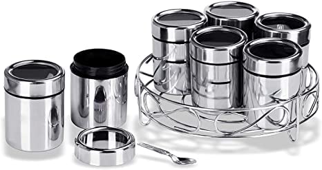 VISAXMI Stainless Steel Masala Dabba Spice Container Kitchen Jars and Containers Storage Container Masala Dani with 7pcs Stainless Steel Spoon Set of 7 Containers with Steel Stand - Image 1